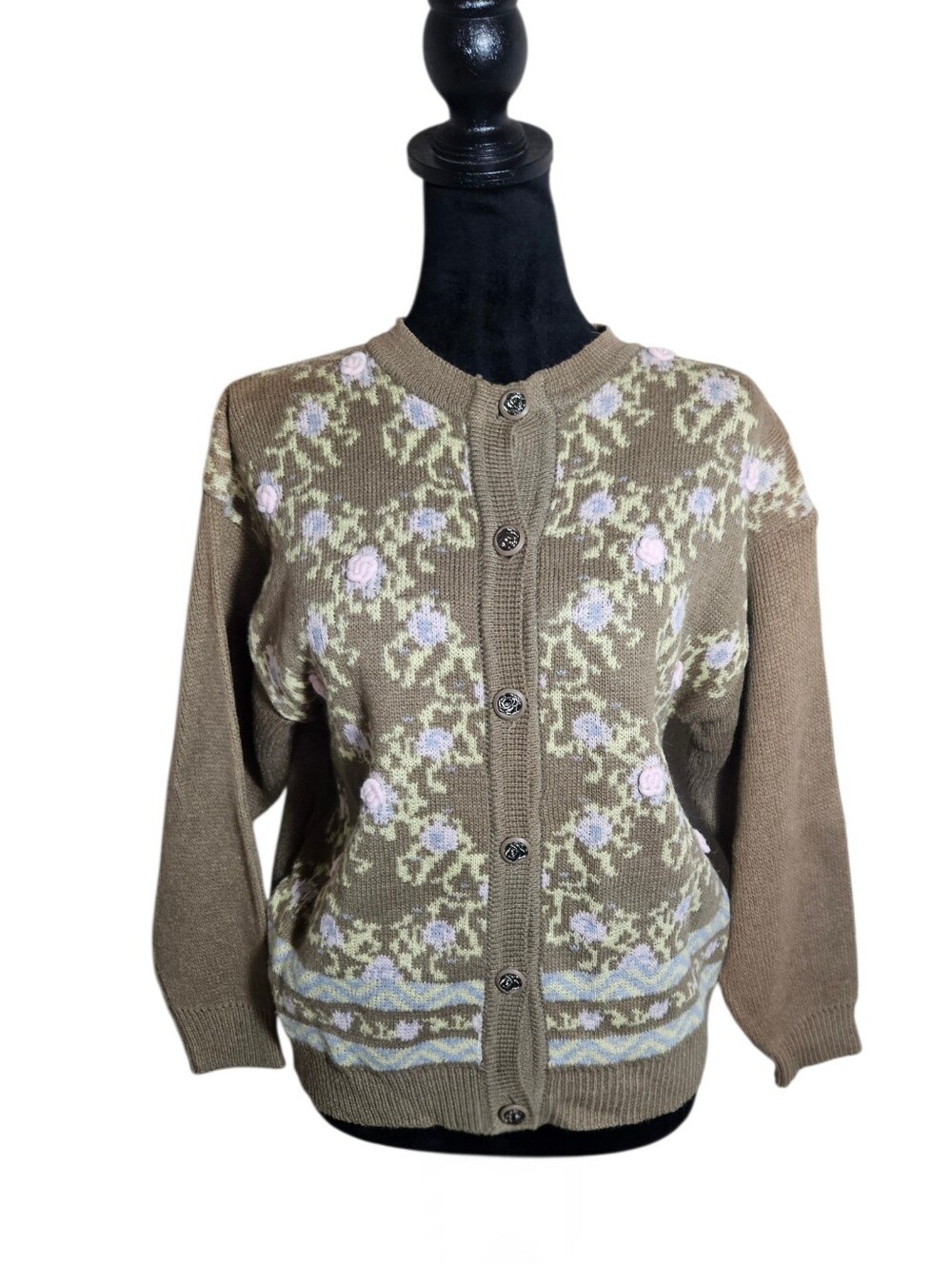 Vintage 90's iya Brown Floral Cottagecore  Knit Button-down Cardigan Sweater M